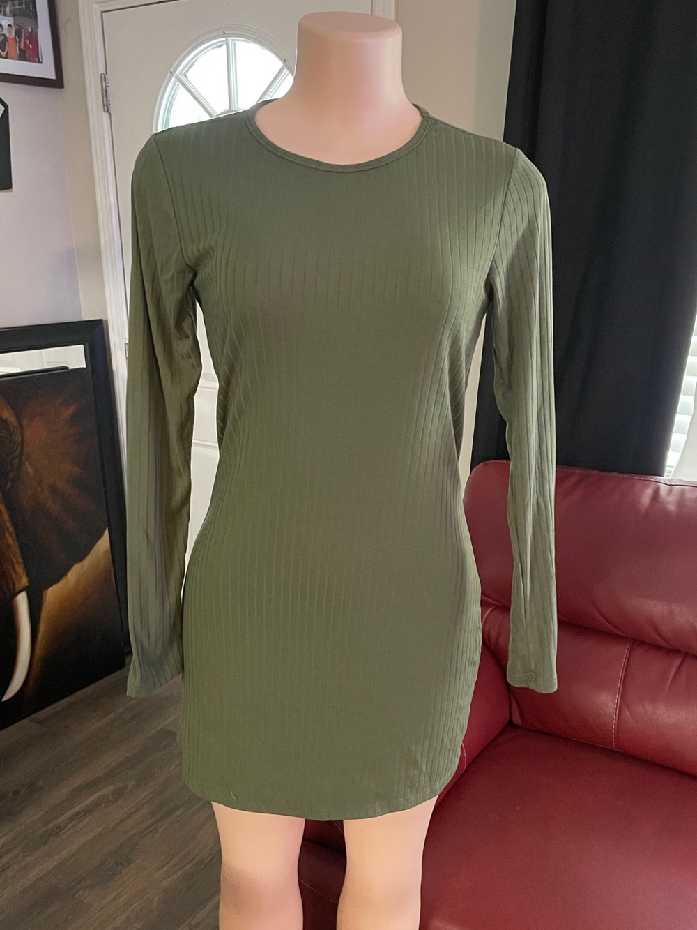Small Long Sleeve Ribbed Olive Green Bodycon Dress soldier army comfort fall